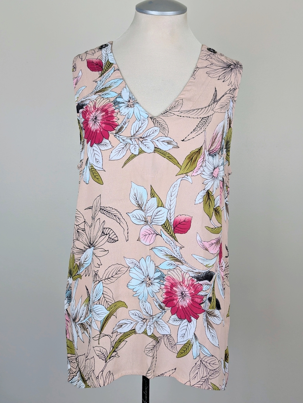 ESQUALO Blush Pink and White Floral Sleeveless Tunic Top Gromet Detail Womens 12